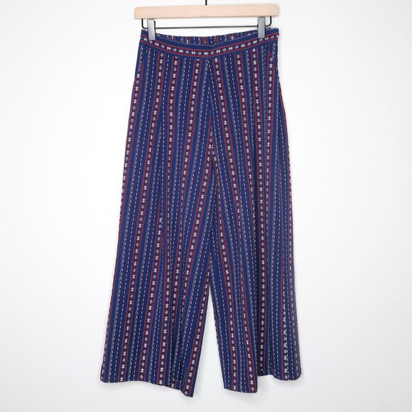 Zink London Womens Wide Leg Pants Medium Blue Red Boho Western American Cropped - Picture 2 of 12